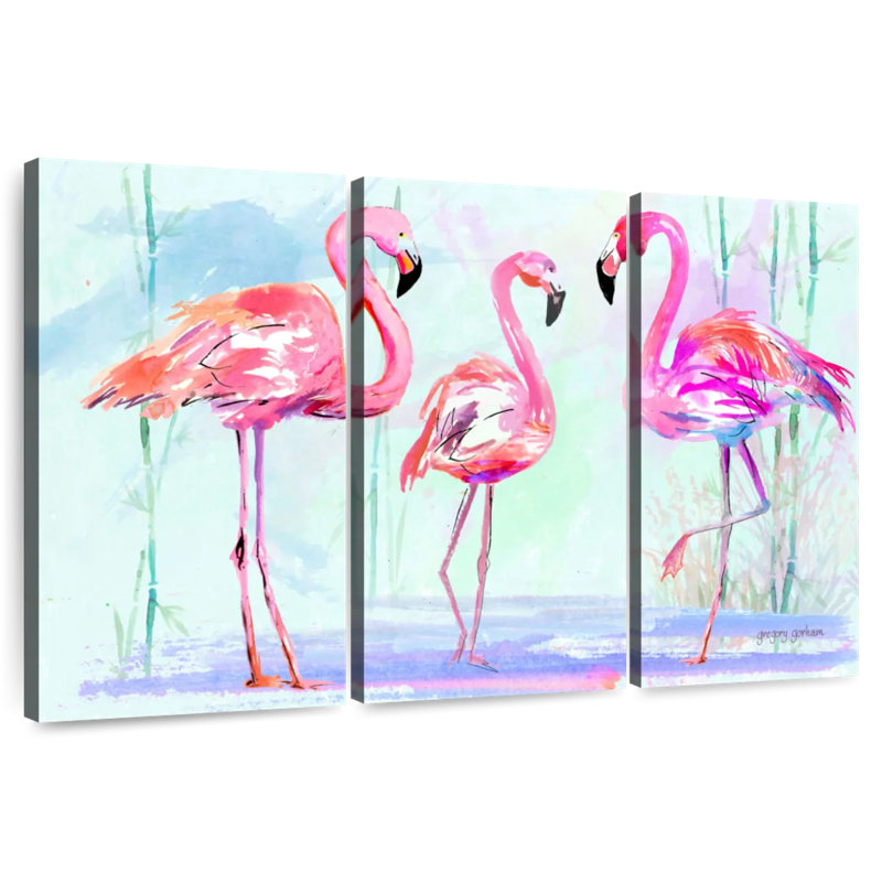 Pink Flamingo Trio On Blue, 24" H x 38" W