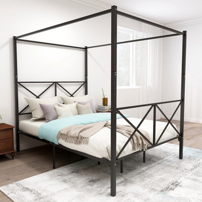 Modern Metal Canopy Bed With X Shaped Frame, Queen -  Gracie Oaks, 57A071F00A4141158FE850AF8783A2A3