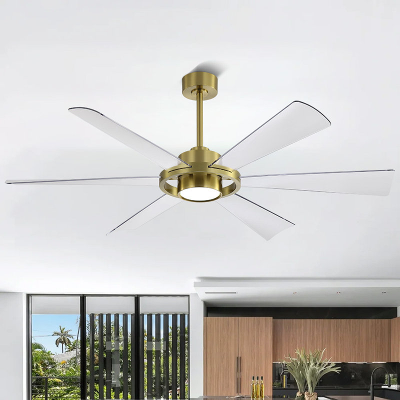 Ventilateur de plafond à 6 pales en plastique ABS avec moteur à courant continu réversible à 6 vitesses, transparent et doré
