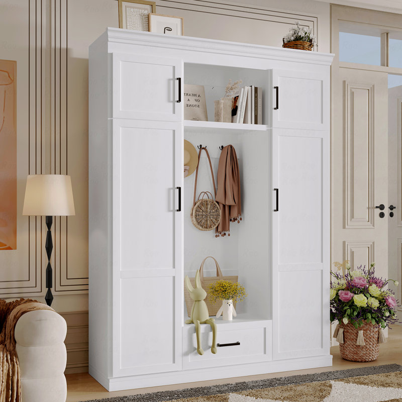 Arbre d'entrée 85,2 po H avec support de rangement avec banc et 3 crochets, moderne pour une entrée avec armoire de rangement avec 4 portes, 1 tiroir de rangement et tablettes réglables