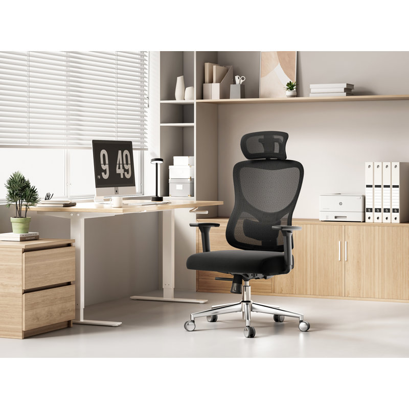 Chaise de bureau ergonomique en filet avec appui-tête réglable, Noir, noir, noir, noir