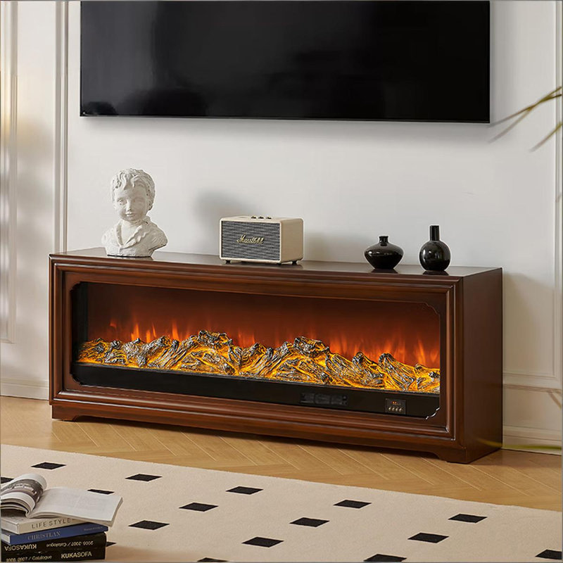 Console 62 po avec foyer électrique en bois massif brun et faux flamme réaliste, 23.62" H x 62.99" W x 12.99" D, Brown