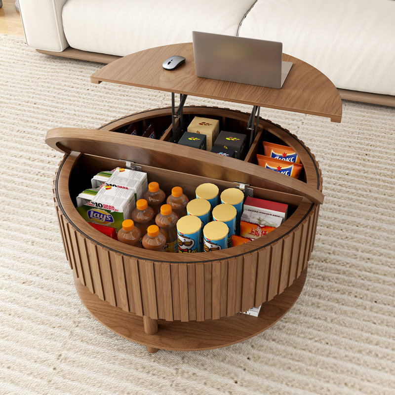 Round Lift Top Coffee Table With Hidden Storage, 2-tier Fluted Cocktail Table With Open Shelf, Walnut