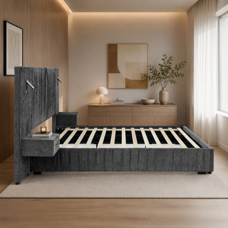 Cadre de lit king size capitonné en tissu chenille, design plissé, table de chevet intégrée et structure robuste - Sommier non requis, gris foncé