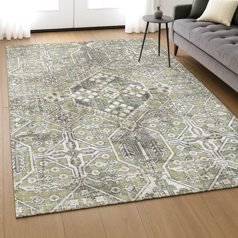 Premium Machine Washable Mayfield AMF2197 global Rug, 2'6" x 3'10", Aloe