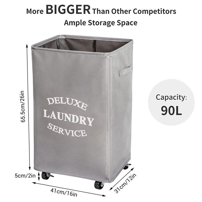 Fabric Rolling Laundry Hamper with Handles, Light Gray