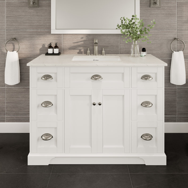 Meuble-lavabo avec comptoir en quartz blanc Carrara et lavabo encastré en porcelaine encastré Didomenico, Blanc