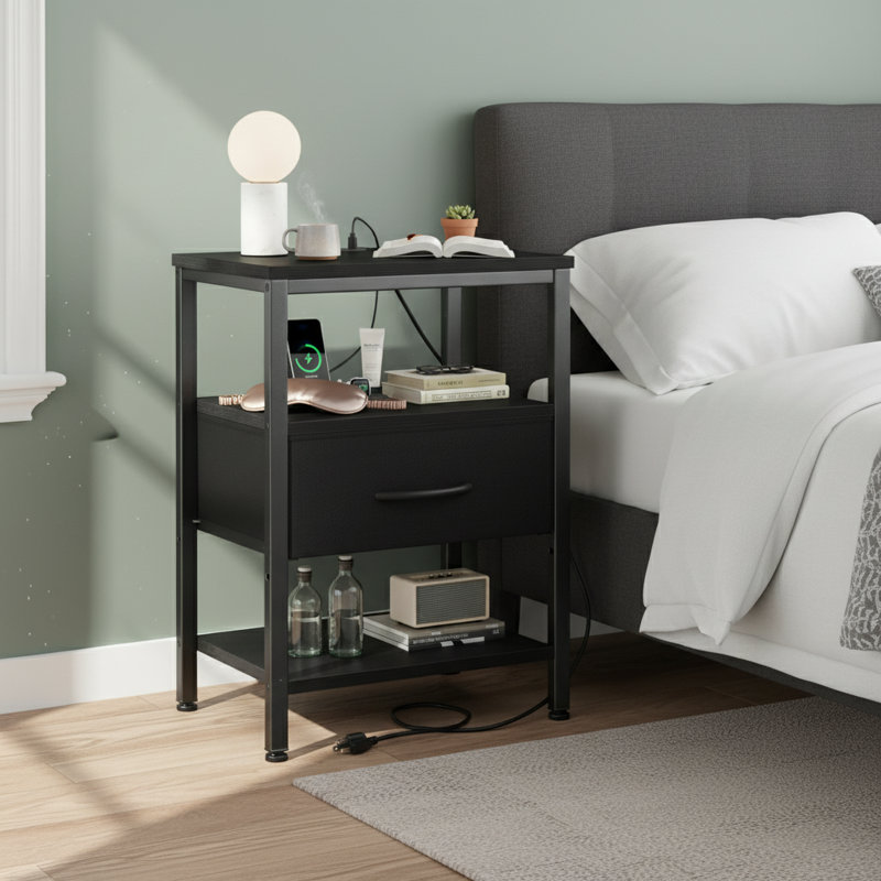 Table de chevet avec station de charge, table de bout compacte à 3 niveaux avec tiroir en tissu réglable pour la chambre à coucher