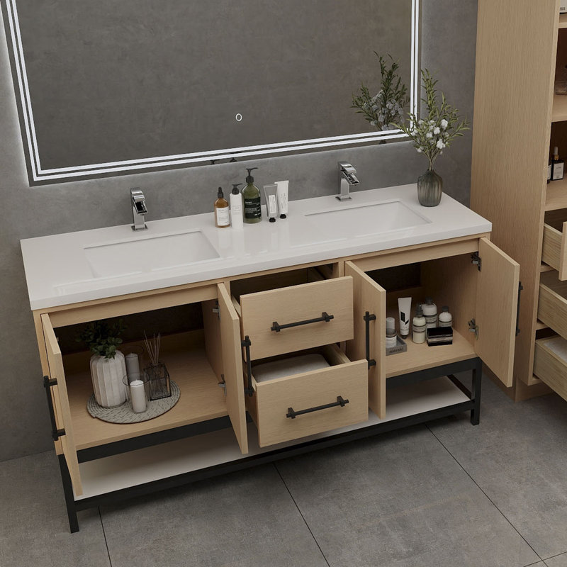 Meuble-lavabo mural 60 po avec support double en acrylique renforcé Victoria, Chêne jaune