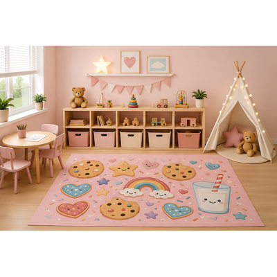 "Ultra Lightweight" 5'x7' Cute Cookies and Milk Area Rug for Kids Playroom Nursery Bedroom, Kawaii Chocolate Cookies Hearts Rainbow Pastel Cartoon Decor, Non-Slip Silicone Backing Low Pile