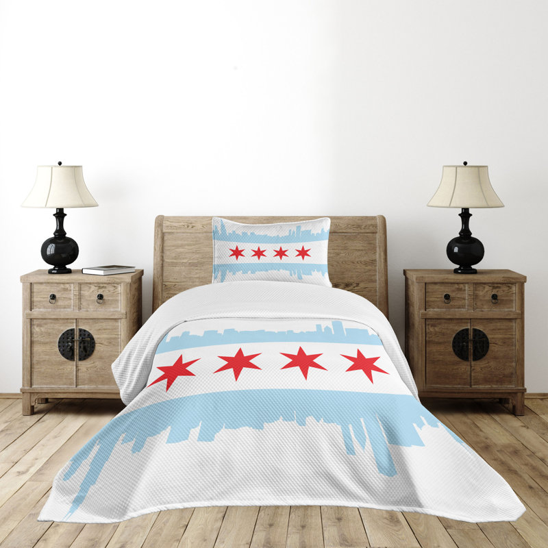 White and Pale Blue Twin Quilted Bedspread Set with Pillow Sham