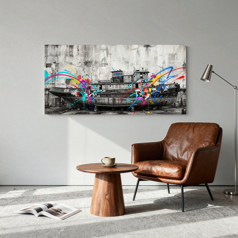 Ensemble de 1 tableau sur toile représentant un bateau graffiti, 32“W x 16”H, Wrapped Canvas
