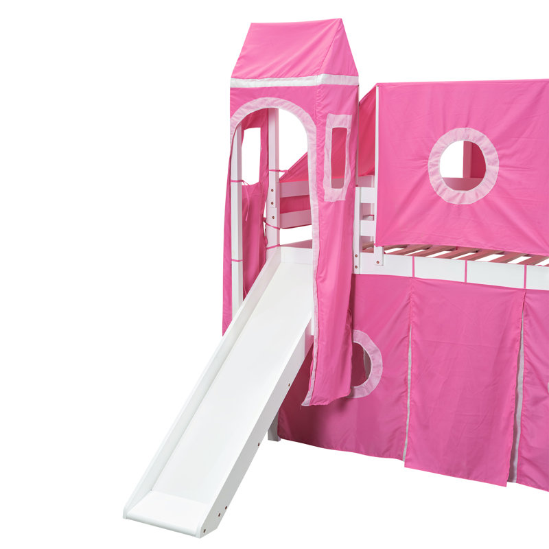 Verity Loft Bed With Tent And Tower, Rustic Pinewood And MDF, Twin, Pink