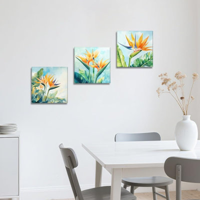 Aquarelle, oiseau du paradis, 3 pièces, impression sur toile 12 x 12 pouces pour mur décoratif