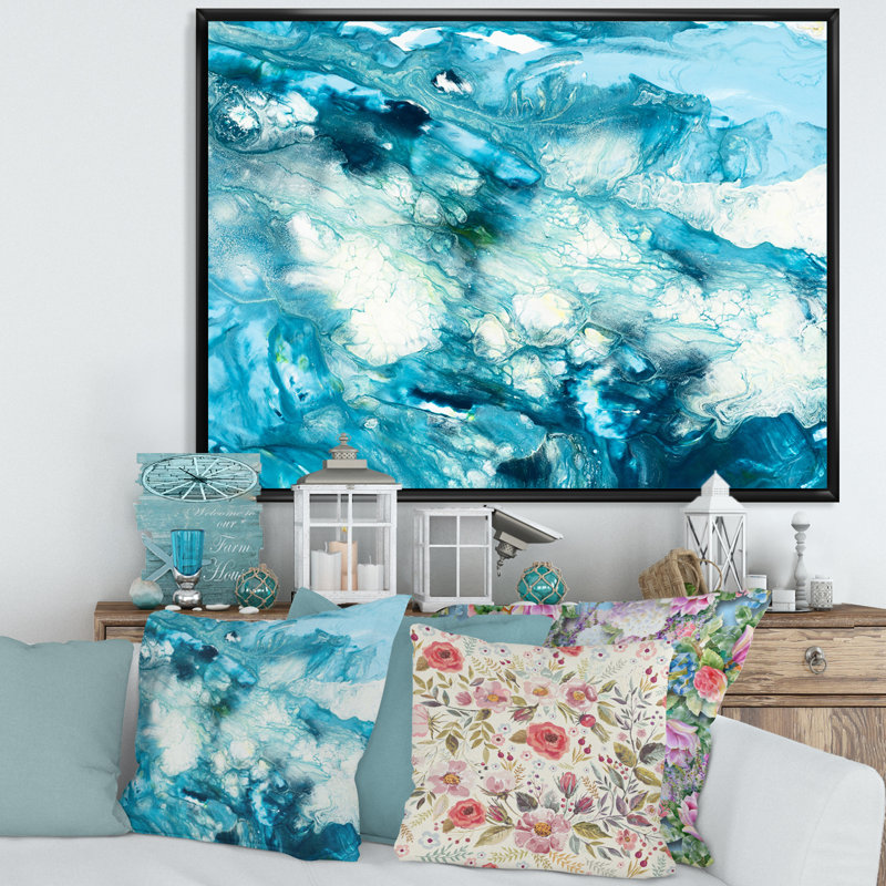 Liquide bleu univers - peinture sur toile, H 24 po x l 32 po, Cadre flottant noir