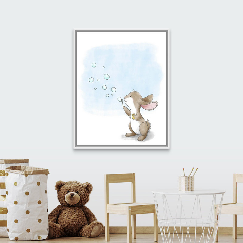 « souffleing bubbles », impression Little Bunny, Cadre pour toile flottant blanc, H 45 po x l 36 po x P 1,75po