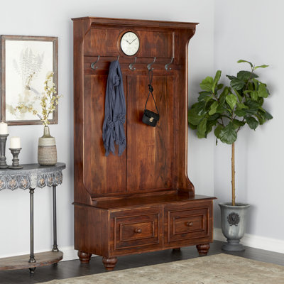 Wood Brown Coat Rack with Clock and Hooks by Canora Grey
