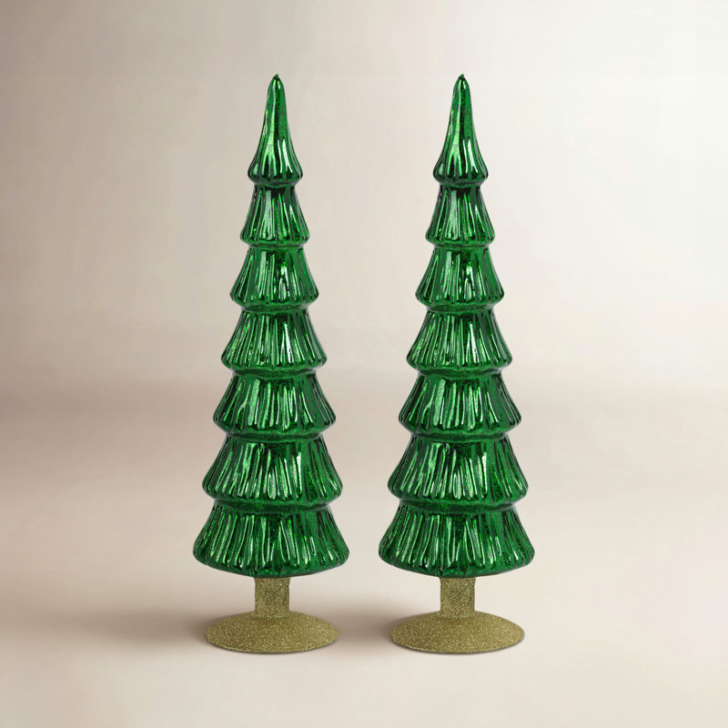 Hasika 2-Piece Green Glass Tabletop Tree Set, 15.25" H x 3.5" W x 3.5" D, Green/Gold