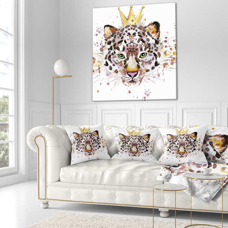 Leopard Head with Golden Crown - Animal Printed Pillow, 16" x 16", Throw Pillow