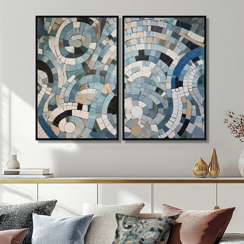 Mélange bohémien bleu et blanc - art mural moderne, H 36 po x l 48 po, Impression encadrée flottante, Noir