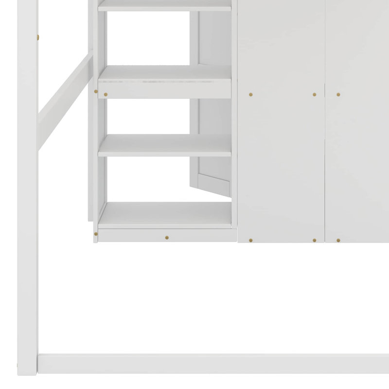 Lit mezzanine double en bois avec garde-robe intégré, tablettes et éclairage à DEL, Blanc