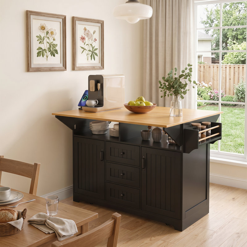 Îlot de cuisine l 55,7 po avec comptoir à abattants et armoire de rangement, Noir