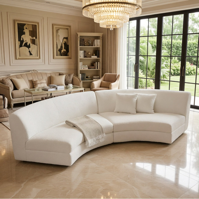 Modern Curved Sectional Sofa Capable of 4 adults – 2-Piece Loveseat Combined, Beige Bouclé  Upholstered