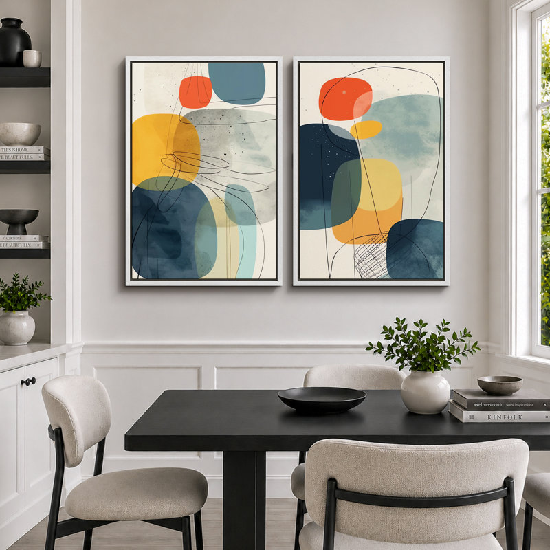 Forme Mid-Century, "Œuvre d'art en bleu et jaune et orange", images murales géométriques abstraites modernes, ensemble de 2 impressions sur toile encadrées, 16 x 24 x 2, 24 x 36 x 2