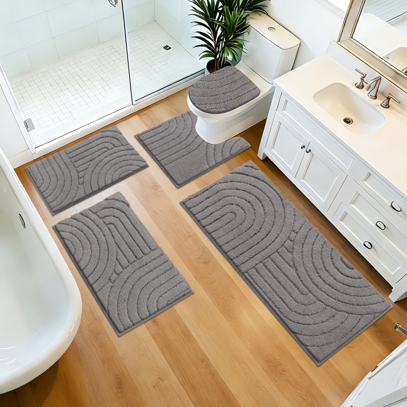 5 Piece Soft Absorbent Microfiber Bath Rug Set With Non-Slip Backing, Gray