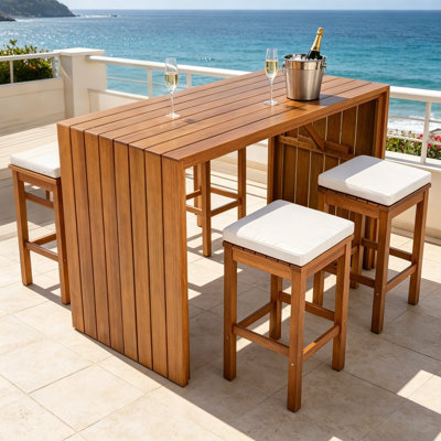 5 Piece Outdoor Bar Set, Patio Acacia Wood Bar Height Table & Four Stools with Cushions, Wood Dining Bar Set for Backyard, Poolside, Balcony,Natural