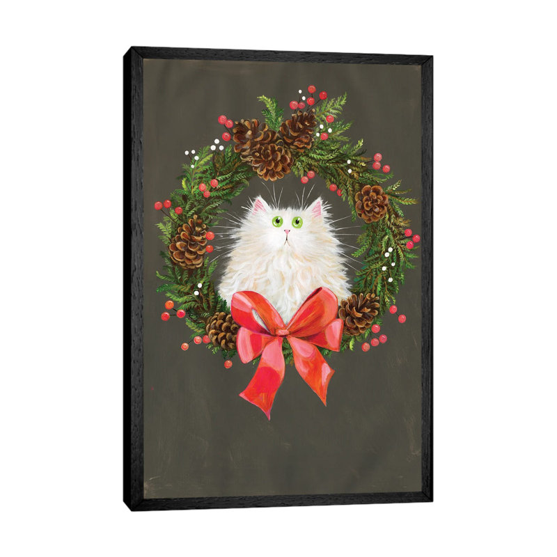 Festive Wreath White Cat by Kim Haskins - Print on Canvas, 101.6 cm H x 66.04 cm W, Black Framed
