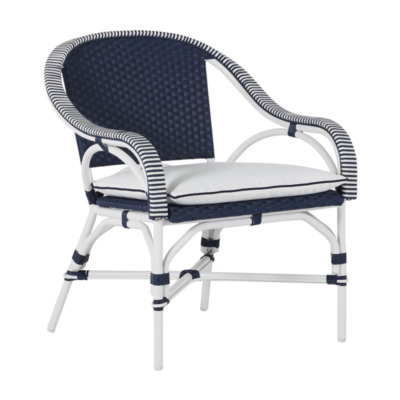 Savoy Patio Chair with Cushions, No Welt, Chalk/White/Navy, Rollo Chambray
