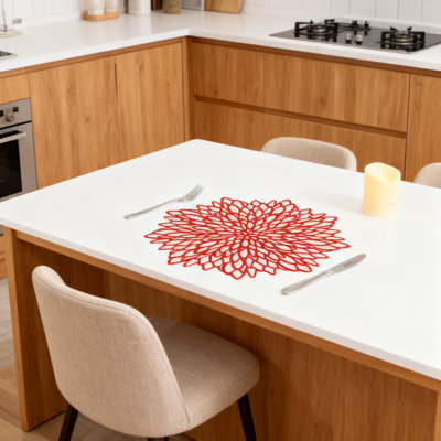6 Pack Round Vinyl Placemats With Metallic Floral Design, Shiny Red Table Mats For Holiday Dining And Table Decoration, Easy Clean
