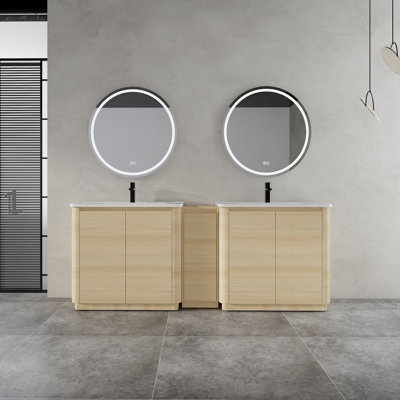 Meuble-lavabo autoportant avec lavabo en céramique blanche et armoire de rangement, porte à fermeture douce, contreplaqué de chêne blanc