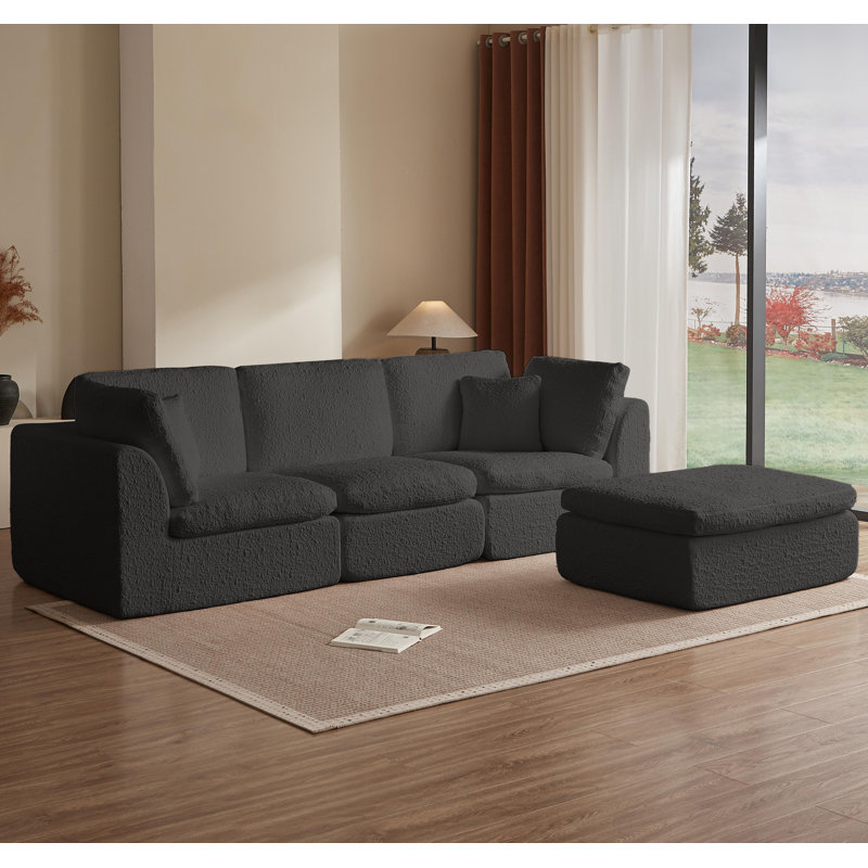 Canapés modulaires en nuage de 110 po pour le salon, canapé convertible en L avec repose-pieds, canapé modulaire 3 places, gris