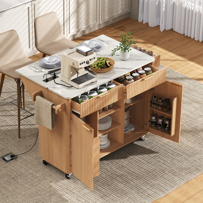 Exquisite Fluted Kitchen Island With Drop Leaf – Stylish Kitchen Storage Cart Featuring Power Outlet, Adjustable Shelves, 2 Doors, And 2 Drawers, Natural