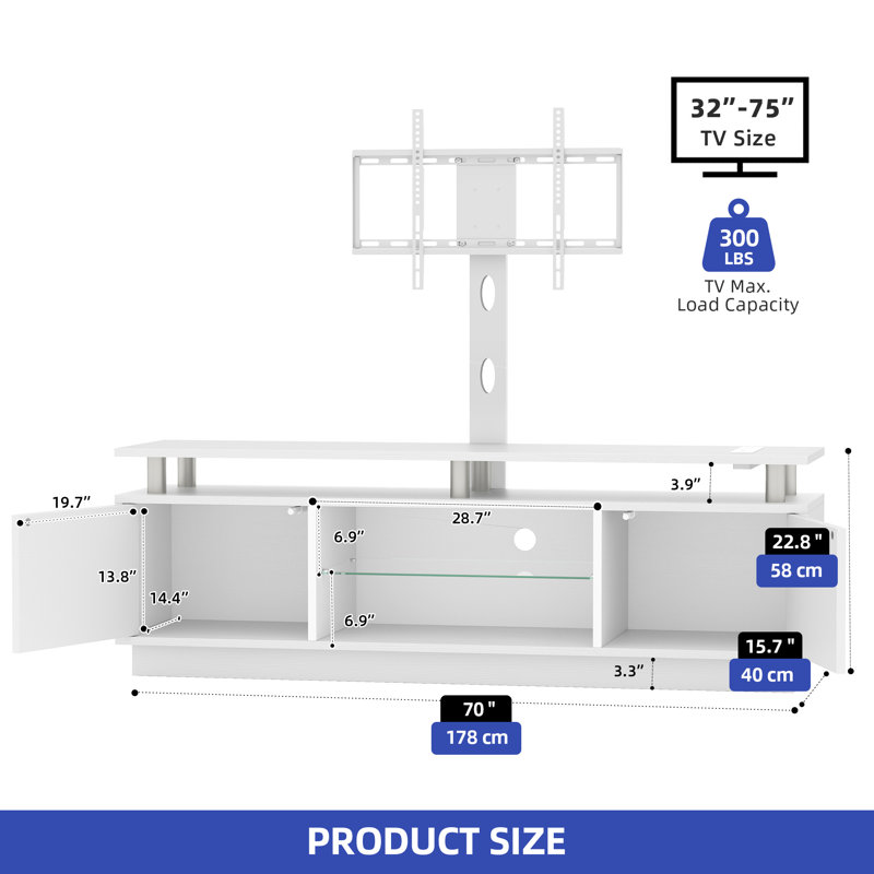 Stylish Cabinet Media Console Media Centre with Height Mount, 48.2" H x 70" W x x 15.7" D, White