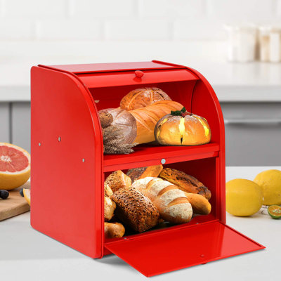 Bread Box, Metal Bread Box For Kitchen Countertop, 2 Layer Roll Top Bread Boxes, Stainless Steel Bread Storage, Kitchen Counter Bread Bin, Airtight Holder For Homemade Bread (Red)