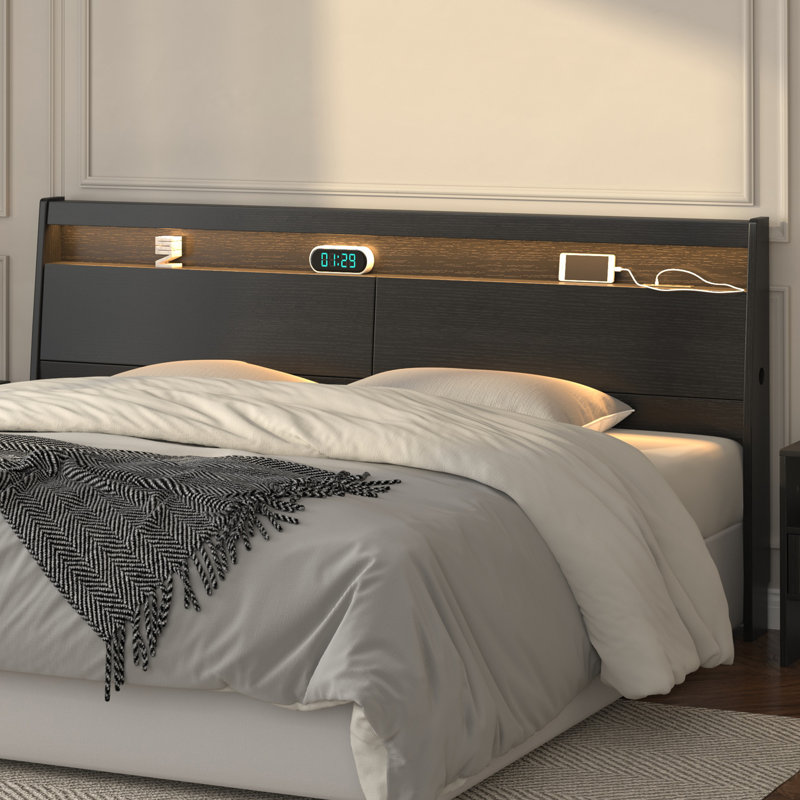 Headboard Queen Size Black with Storage, LED Light, USB Ports & Power Outlets – High-Quality, Space-Saving Design, Black