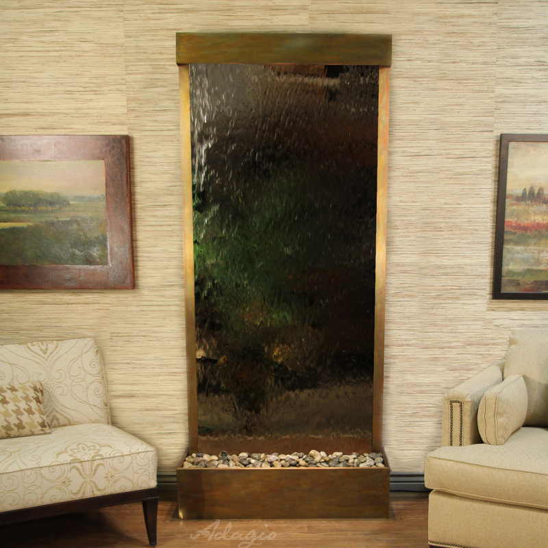 Tranquil River Fountain with Light, Silver Mirror, Rustic Copper