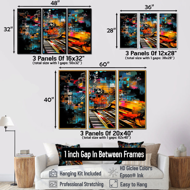Colourful Piano Retro Collages 90S I - Ensemble de décorations murales piano, Encadrement argenté, H 32 po x l 48 po x P 1 po