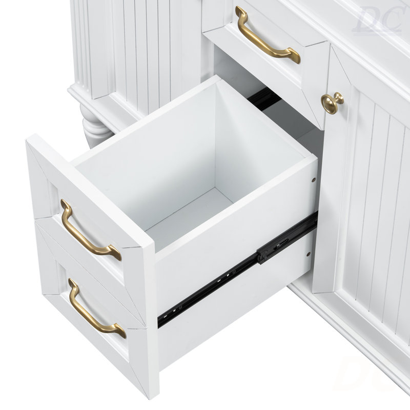 Meuble-lavabo 36 po avec lavabo, meuble autoportant avec lavabo en céramique, cadre en bois aggloméré et en bois massif, tiroir supérieur rabattable, portes à fermeture en douceur, 2 tiroirs de rangement, poignées dorées