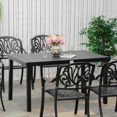 Table de salle à manger d'extérieur pour 6 personnes, table de patio rectangulaire, pieds en aluminium pour jardin, pelouse, patio, grain de bois noir
