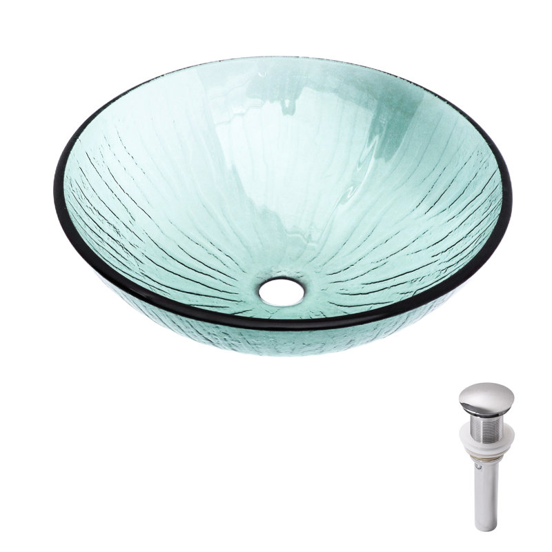 Lavabo vasque hypnotique artistique pour salle de bain avec bonde escamotable, verre trempé, garniture noire, 5,76 pouces de hauteur, cuve pratique en verre idéale pour la maison, 16,5 de large