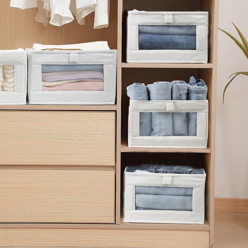 Paquet de 4 paniers de rangement en lin - Grandes boîtes de rangement pour placard avec fenêtre - Contenants de rangement pour vêtements, jeans, jouets, livres et tablettes