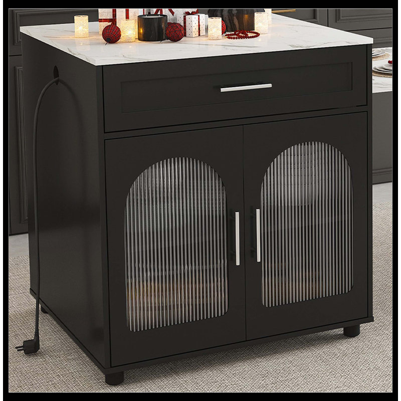 80" Expandable Kitchen Island With Dining Table, Marble-Grain Countertop & Power Outlet, Mobile Storage Cart With Cabinet & 2 Drawers, Black
