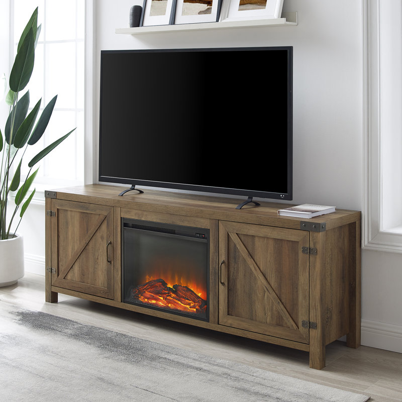 Meuble télé de 58 po avec porte de grange et foyer électrique Marckson, 70" W x 15.5 D, Chêne rustique