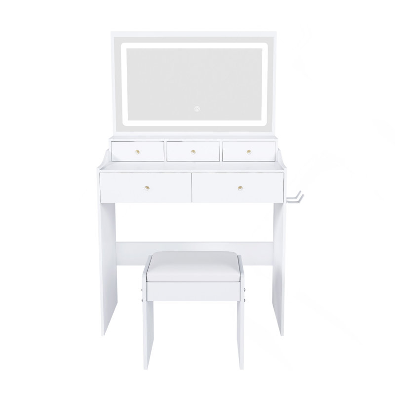 New Large Mirror Vanity Desk For Bed Room, Modern Makeup Vanity Set With Power Outlet And Hair Dryer Holder, 5 Drawers, 3 Lighting Color Adjustable Dressing Table For Bedroom, White Color