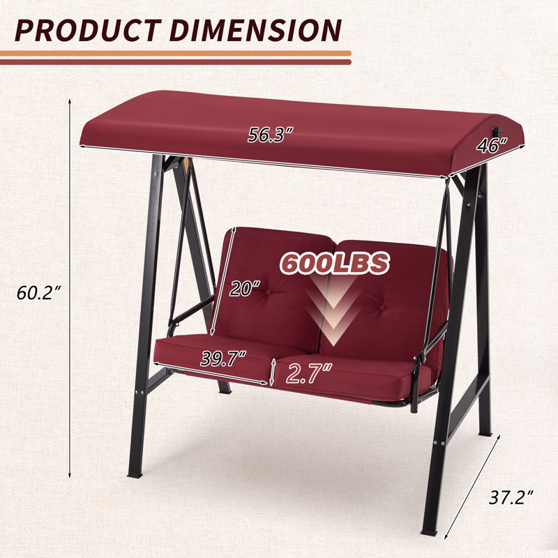 2 Person Porch Swing with Canopy, Wine Red