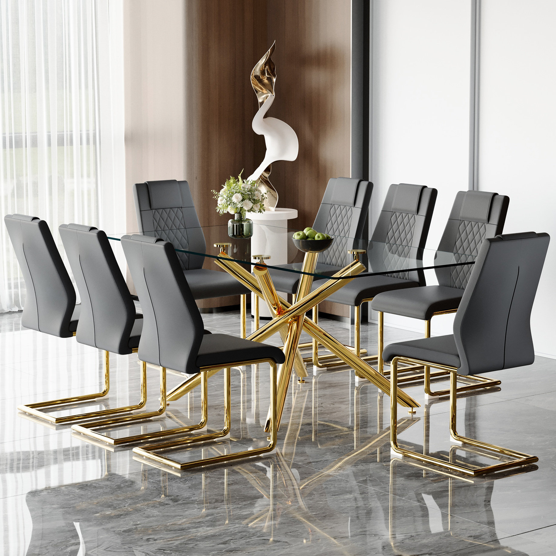 Everly Quinn 8 - Seater Dark Grey And Gold Dining With Transparent ...